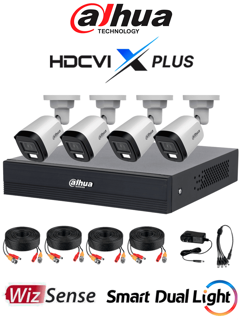 Kit de 4 Cámaras DAHUA de 2 Megapíxeles DVR Cooper-I WizSense con IA, H.265+, 4 cámaras B1A21 1080p, 4 canales + 1 IP o hasta 5 IP, SMD Plus, búsqueda de humanos y vehículos, incluye accesorios