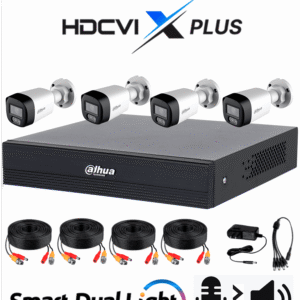 Kit 4 cámaras DAHUA 2 MP con Audio y DVR Cooper-I WizSense. Incluye 4 cámaras Iluminador dual 2 MP con micrófono integrado 4 canales más 1 IP y 4 SMD Plus. Incluye accesorios