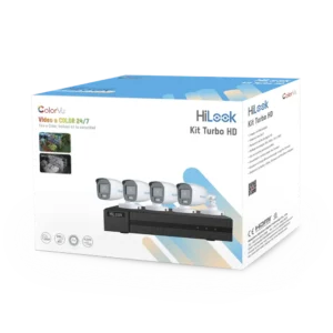 Kit de 4 cámaras HILOOK TurboHD 1080p / DVR 4 Canales / 4 Cámaras Bala ColorVu con Micrófono Integrado / Fuente de Poder / Accesorios de Instalación