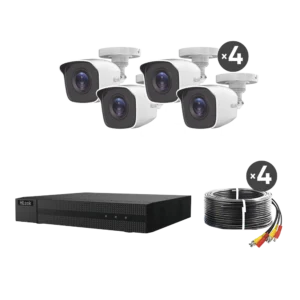 KIT 4 cámaras HILOOK TurboHD 1080p / DVR 4 canales / 4 Cámaras Bala de Metal / H.265+ / 1 Fuente de Poder Profesional / Accesorios de Instalación