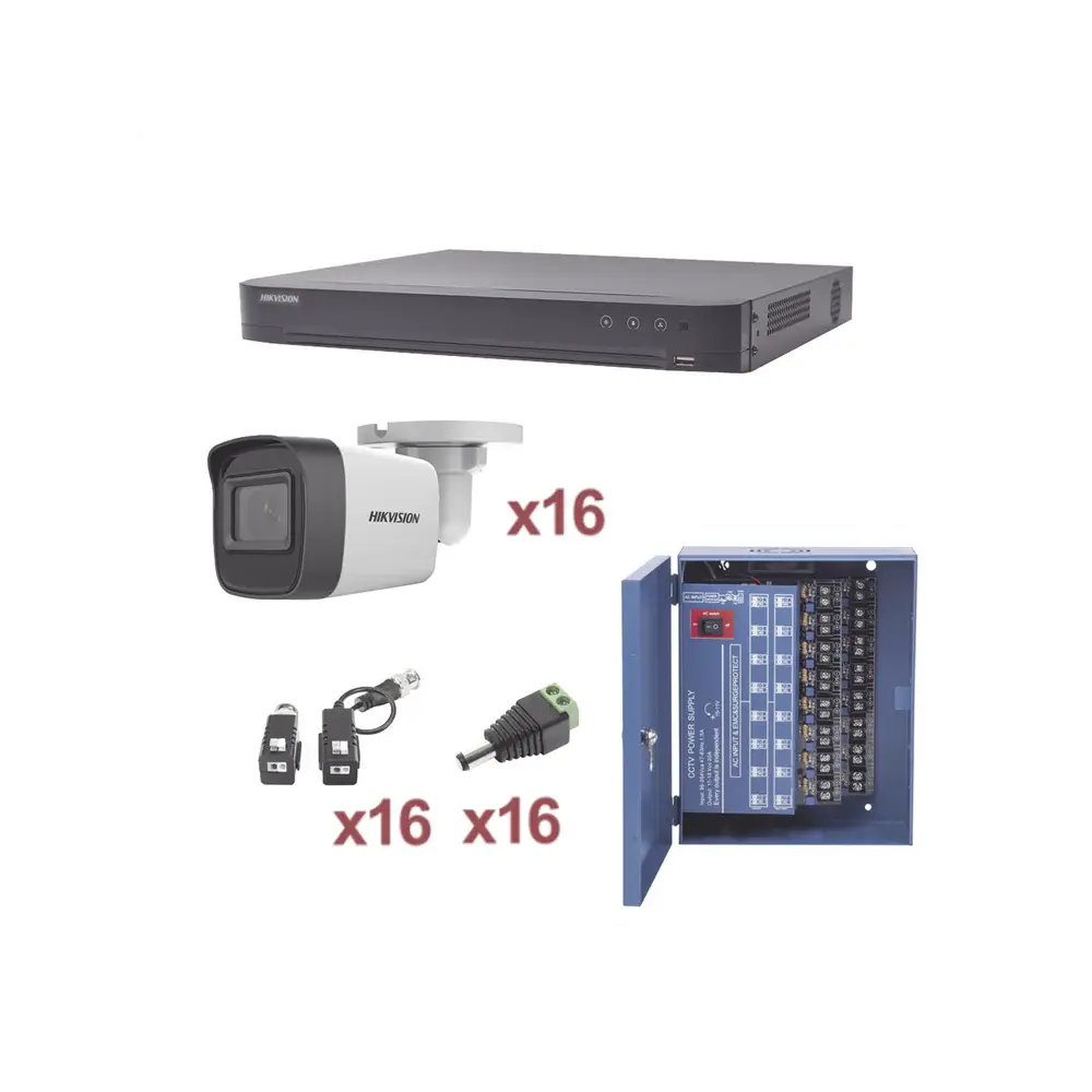 KIT de 16 cámaras HIKVISION TurboHD 1080p / DVR 16 Canales / 16 Cámaras Bala (exterior 2.8 mm) / Transceptores / Conectores / Fuente de Poder Profesional