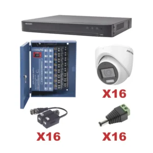 KIT de 16 cámaras HIKVISION TurboHD 1080p / DVR 16 Canales / 16 Cámaras Turret con Audio Integrado (Exterior 2.8 mm) / Transceptores / Conectores / Fuente de Poder Profesional