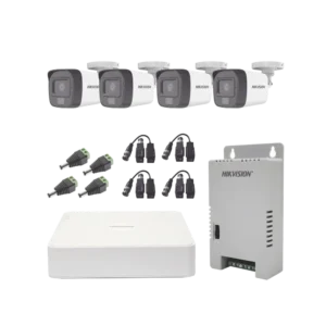 Kit de 4 cámaras HIKVISION TURBOHD 1080p / DVR 4 Canales / 4 Cámaras con Micrófono Integrado y 101° Visión / Luz Blanca + IR Visión Nocturna / Transceptores / Conectores / Fuente de Poder Profesional Compacta