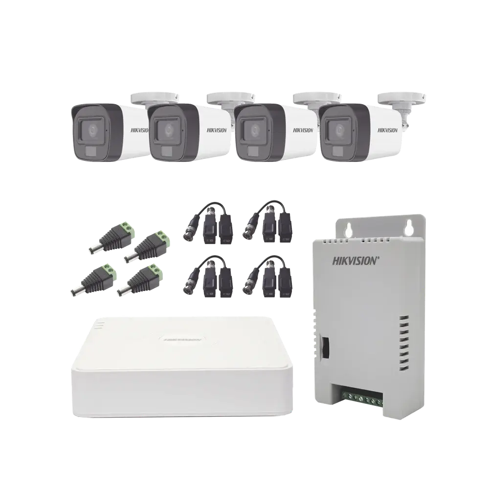 Kit de 4 cámaras HIKVISION TURBOHD 1080p / DVR 4 Canales / 4 Cámaras con Micrófono Integrado y 101° Visión / Luz Blanca + IR Visión Nocturna / Transceptores / Conectores / Fuente de Poder Profesional Compacta