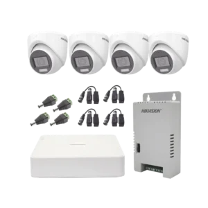 KIT de 4 cámaras HIKVISION TurboHD 1080p / DVR 4 Canales con audio por coaxitron / 4 Cámaras con Micrófono y 106° Visión/ luz blanca + IR visión nocturna / Transceptores / Conectores / Fuente de Poder Profesional