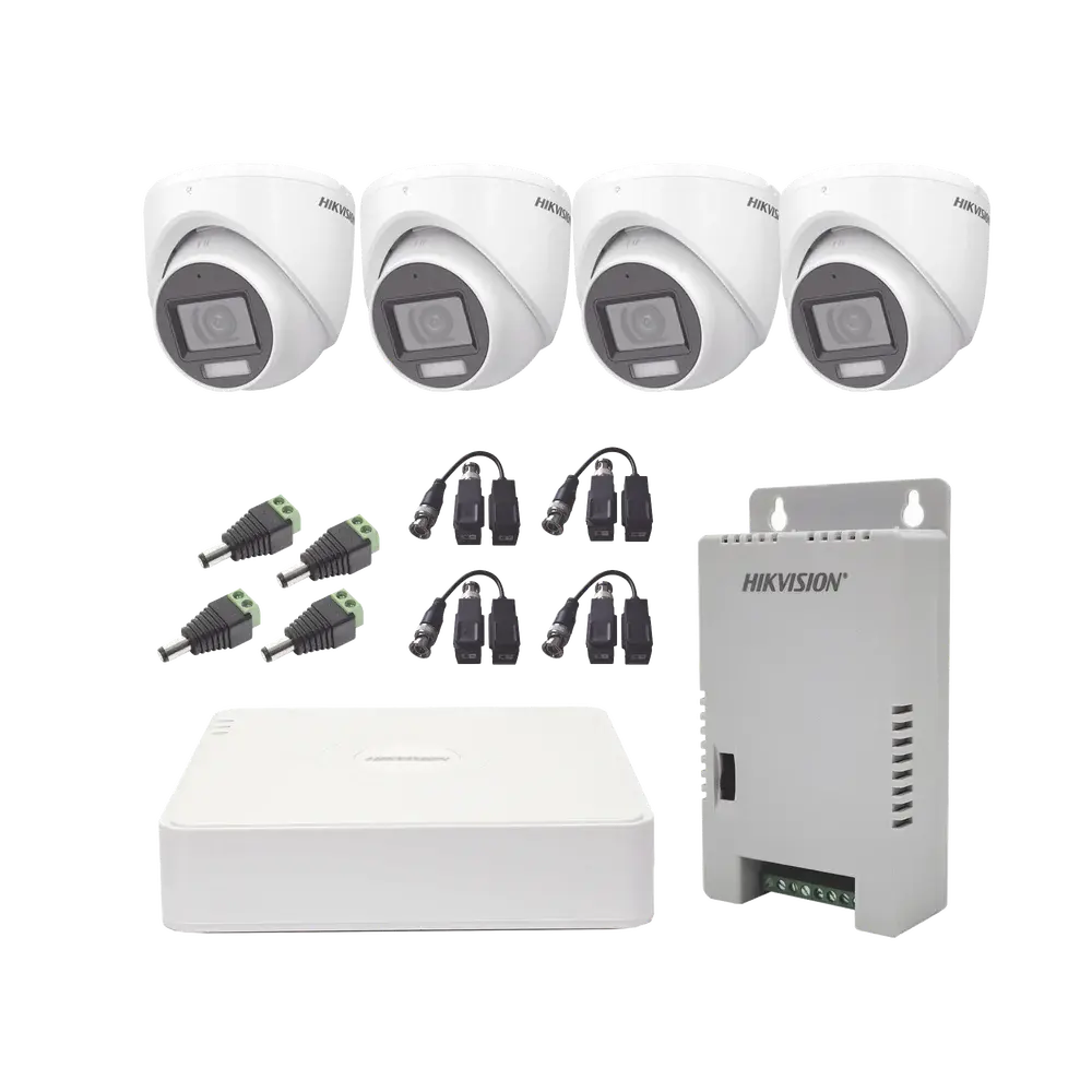 KIT de 4 cámaras HIKVISION TurboHD 1080p / DVR 4 Canales con audio por coaxitron / 4 Cámaras con Micrófono y 106° Visión/ luz blanca + IR visión nocturna / Transceptores / Conectores / Fuente de Poder Profesional