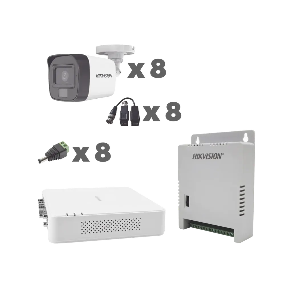 KIT de 8 cámaras TurboHD 1080p / DVR 8 Canales con audio por coaxitron / 8 Cámaras con Micrófono Integrado 101° Visión/ luz blanca + IR visión nocturna / Transceptores / Conectores / Fuente de Poder Profesional