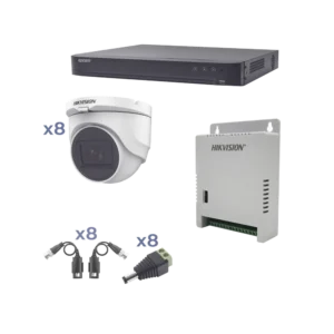 Kit de 8 cámaras HIKVISION TURBOHD 1080p / DVR 8 Canales / 8 Cámaras Turret (exterior 2.8 mm) / Conectores / Transceptores / Fuente de Poder Profesional hasta 15 Vcc para Larga Distancia