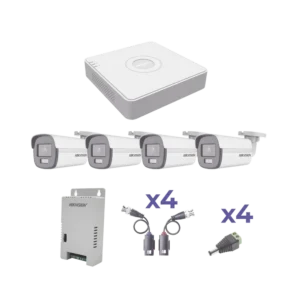 KIT de 4 cámaras HIKVISION COLORVU TURBOHD 1080p Lite / DVR 4 Canales / 4 Cámaras Bala (exterior 2.8 mm) / Transceptores / Conectores / Fuente de Poder Profesional