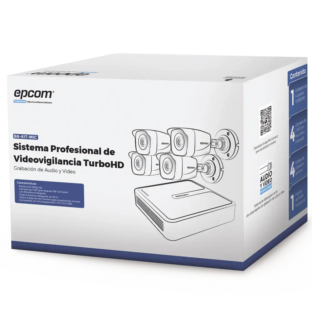KIT 4 cámaras EPCOM (MICRÓFONO Integrado) metálicas 1080p Lite / DVR 4 canales