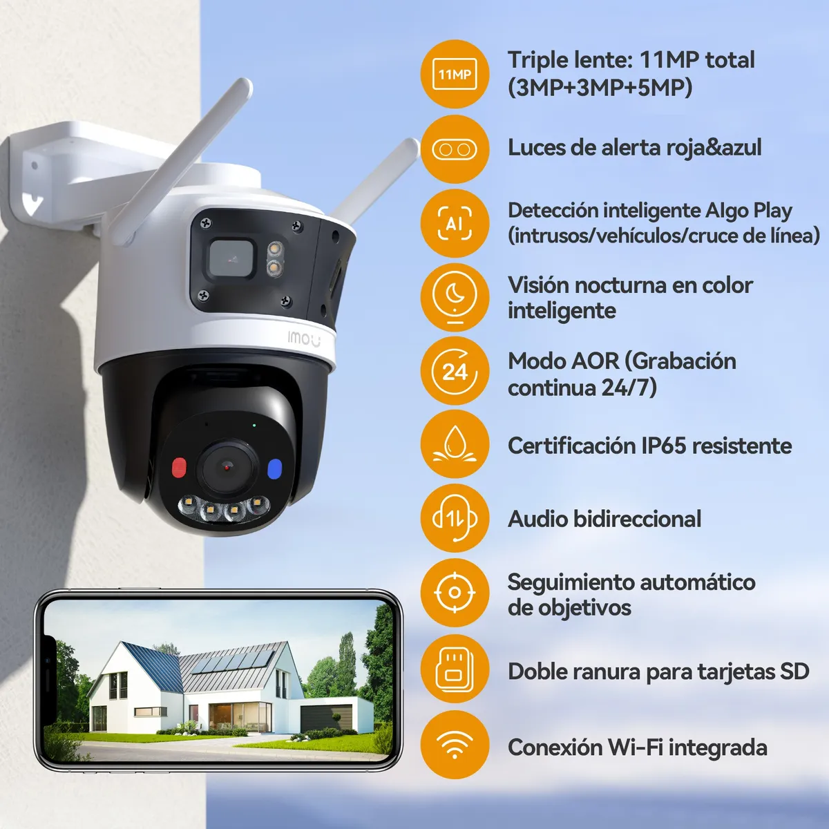 Cámara IMOU IP WIFI 3 Lentes 11MP triple Smart Color 2 lentes Fijos de 3mp + 1 Lente PT 5mp Dual MICROSD 512GB c/u / Disuasión Activa Audio Bidireccional - IMOU - IPC-S7UN-11M0WED - Image 2