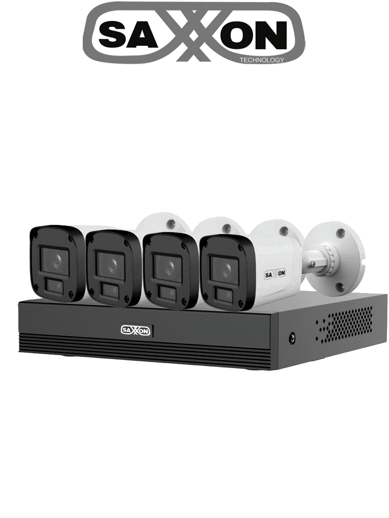 Kit 4 Canales SAXXON HDCVI 1080P 4 Cámaras B20P 2.8mm Apertura Hasta 100° Grabador Soporta Hasta 5 Canales IP y Detección de Movimiento Inteligente Policarbonato - SUA-KIT/XVR1E04-I/4-B20P-0280B