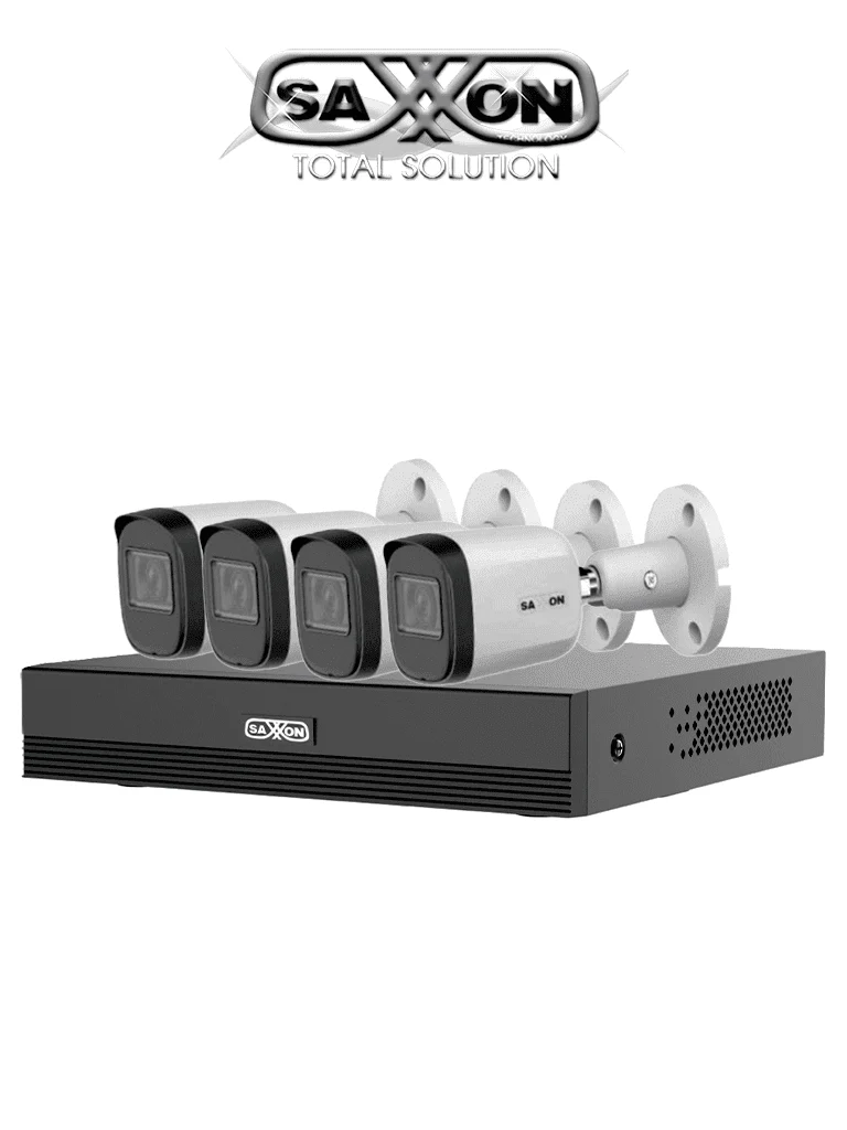 Kit de 4 Camaras SAXXON HDCVI 1080P 4 Cámaras B20M de 2.8mm con Campo de Visión de Hasta 100° Grabador Soporta Hasta 5 Canales IP y Detección de Movimiento Inteligente Cámaras Fabricadas en Metal de Alta Calidad- SUA-KIT/XVR1E04-I/4-B20M-0280B