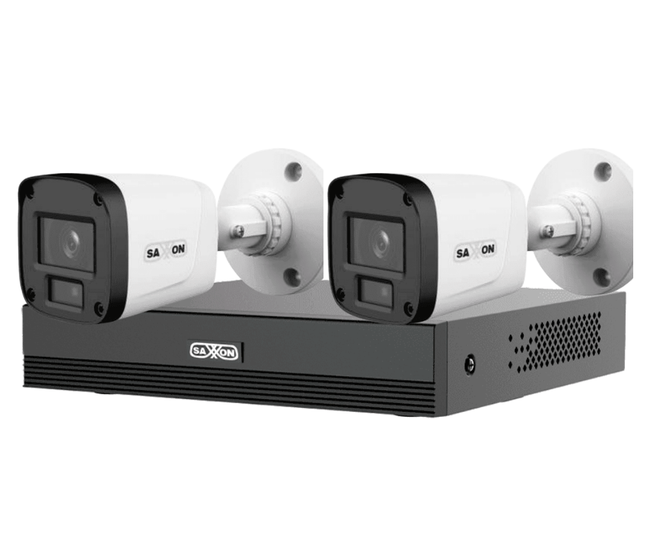Kit 2 Cámaras SAXXON HDCVI 1080P 2.8mm Apertura Hasta 100° Grabador Soporta Hasta 5 Canales IP y Detección de Movimiento Inteligente Policarbonato – SUA-KIT/XVR1E04-I/4-B20P-0280B