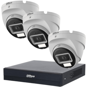 KIT DE  3 cámaras DAHUA tipo Domo de 2 MP Serie Cooper/ Lente de 2.8 mm con Apertura Hasta 100°/ Iluminación Inteligente Hasta 30Mts con IR + 20Mts Luz Calida/ Con Micrófono Incorporado/ Para Exterior IP67/ Metal