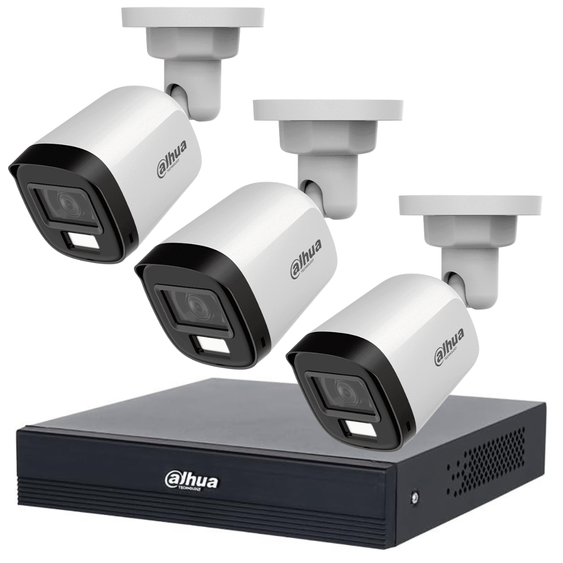 KIT de 3 cámaras DAHUA Bullet de 2 MP Serie Cooper/ Lente de 2.8 mm Apertura de Hasta 100°/ Micrófono Integrado/ Iluminador Dual Inteligente de Hasta 30Mts de IR y 20Mts Luz Calida/ Para Exterior IP67/ Metálica/