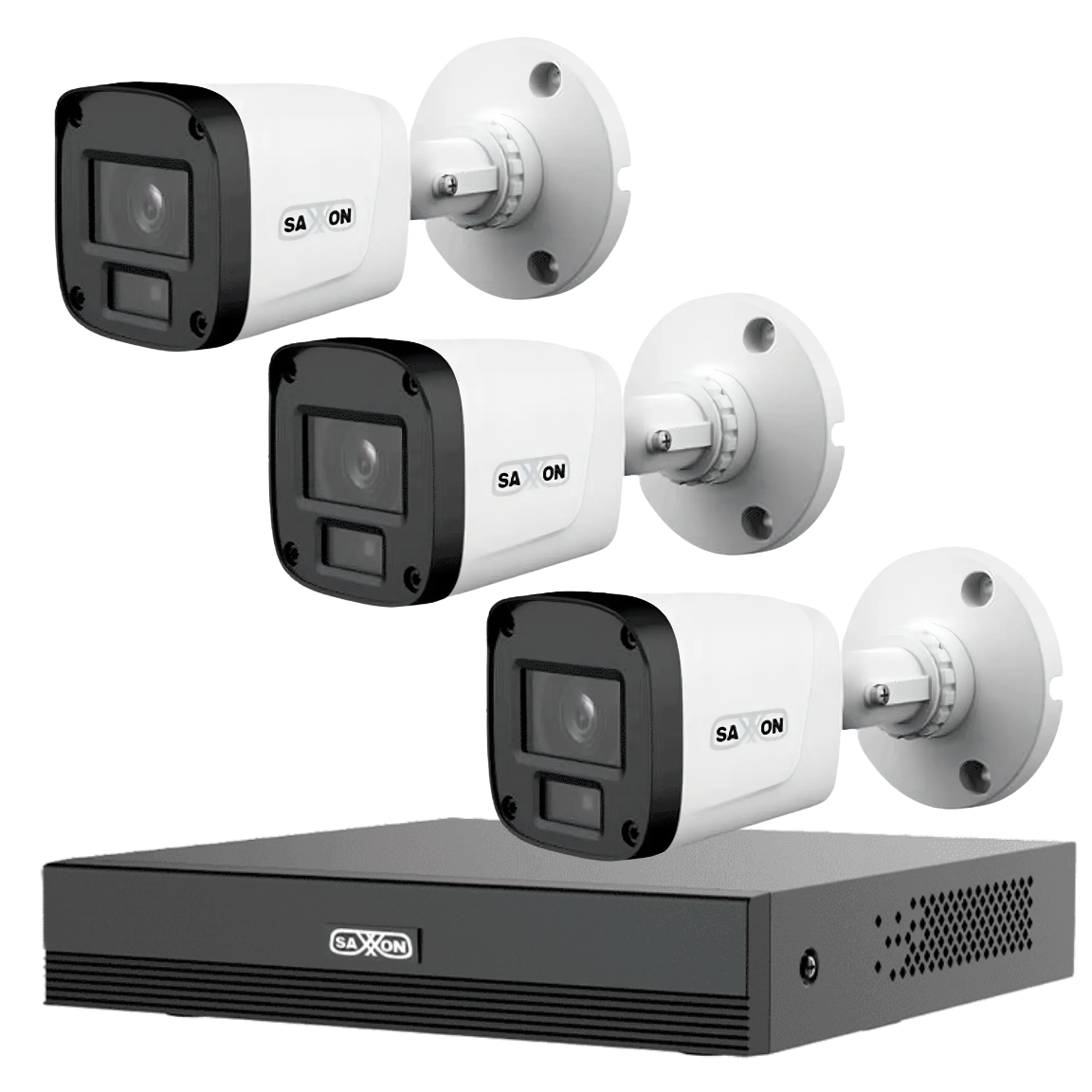 KIT de 3 cámaras SAXXON Tipo Bala de 2 Megapíxeles & 1080P/ Lente de 2.8 mm Apertura de Hasta 100°/ Iluminación IR de Hasta 20m/ Para Exterior IP67/Material Plástico de Alta Duración/Funcionamiento en Modos CVI & AHD & TVI